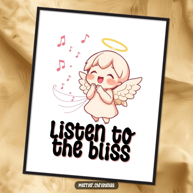 Funny kawaii angel poster of a singing angel with a joyful expression and a stream of melodic music notes, creating a peaceful and humorous wall decoration.
