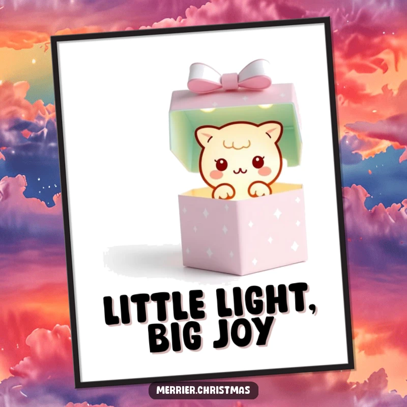 Funny poster showcasing a kawaii gift box character revealing a small, twinkling light, representing hope, surprise, and inner brilliance.