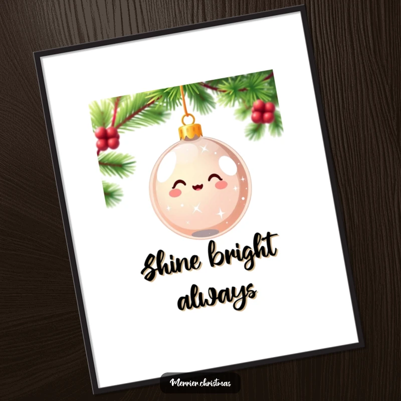 Funny kawaii Christmas ornament poster sparkling and spinning with pure delight, creating a festive and humorous wall decoration for the holidays.
