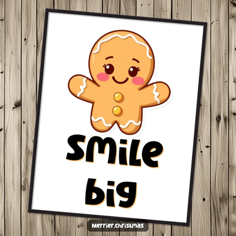 Funny gingerbread cookie man poster with a beaming smile, adding festive joy to walls, a perfect funny gift.
