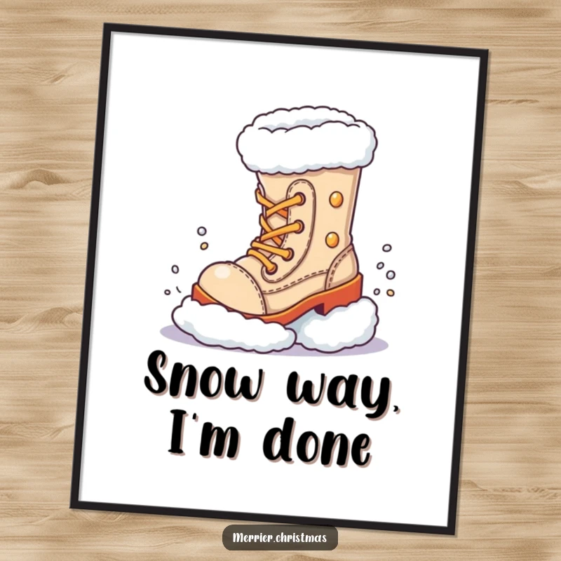Funny Winter Poster, depicting a boot character joyfully kicking up a cloud of snow in a whimsical art style.