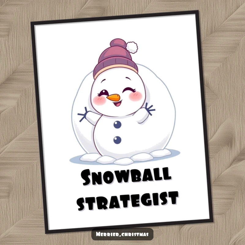 Funny Winking Snowman Poster: a cute character humorously peeking from behind a snowball and winking, ideal for festive decor.
