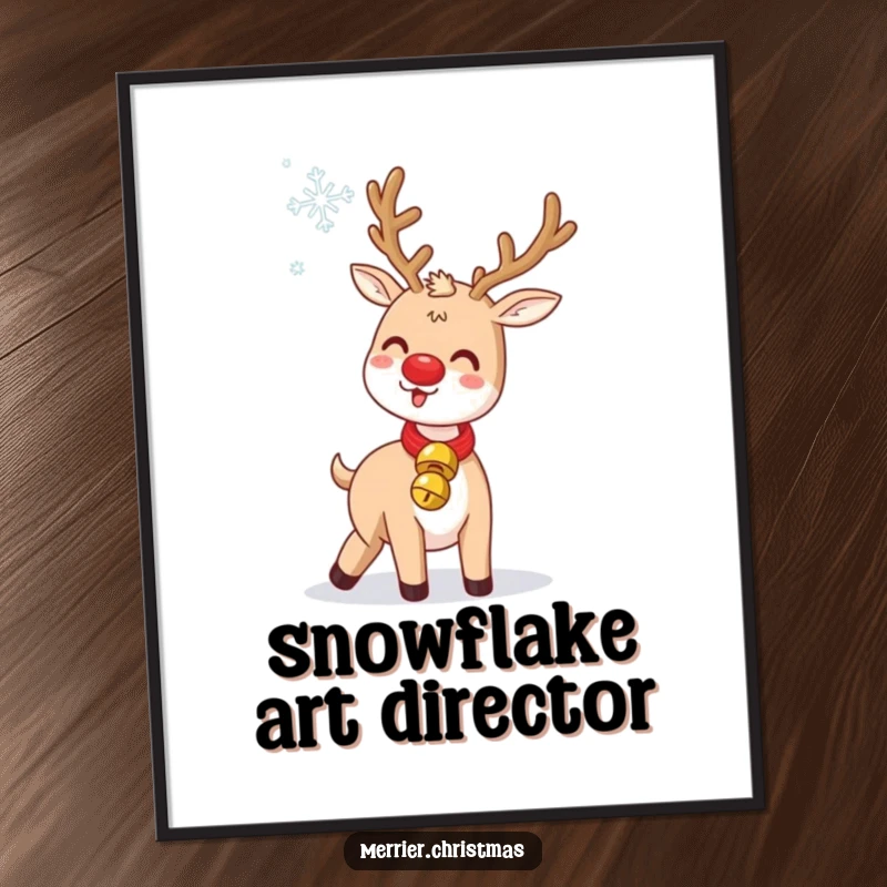 Funny Jingle Bell Reindeer Poster: a cute character humorously tossing a snowflake, wearing a jingle bell collar, ideal for festive decor.