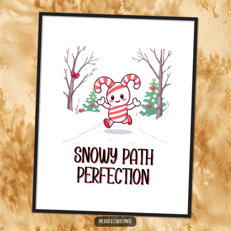 Funny poster depicting a kawaii candy cane character cheerfully descending a snowy path, embodying the joy and wonder of winter.