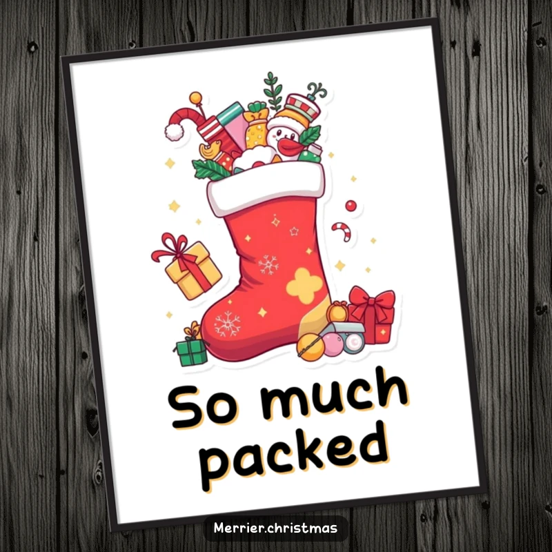 Funny Christmas stocking character overflowing with playful toys and candy canes, depicted on a festive poster.