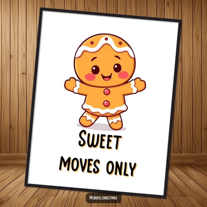 Funny smiling gingerbread man poster, with festive icing, dancing joyfully, perfect wall art for a cheerful holiday atmosphere.