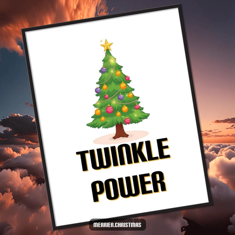 Funny Christmas tree poster with sparkling ornaments, twinkling beautifully, adding festive cheer to any wall, a funny gift.