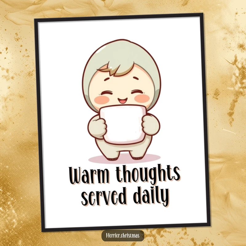 Funny Warm Smile Poster featuring a character holding a steaming mug and smiling warmly, perfect for creating a comforting atmosphere.