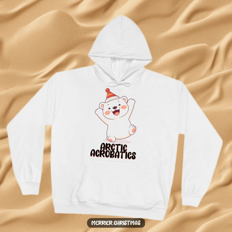 Funny Polar Bear Cub Hoodie: a warm hoodie featuring a happy cub humorously doing a somersault, wearing a festive hat.