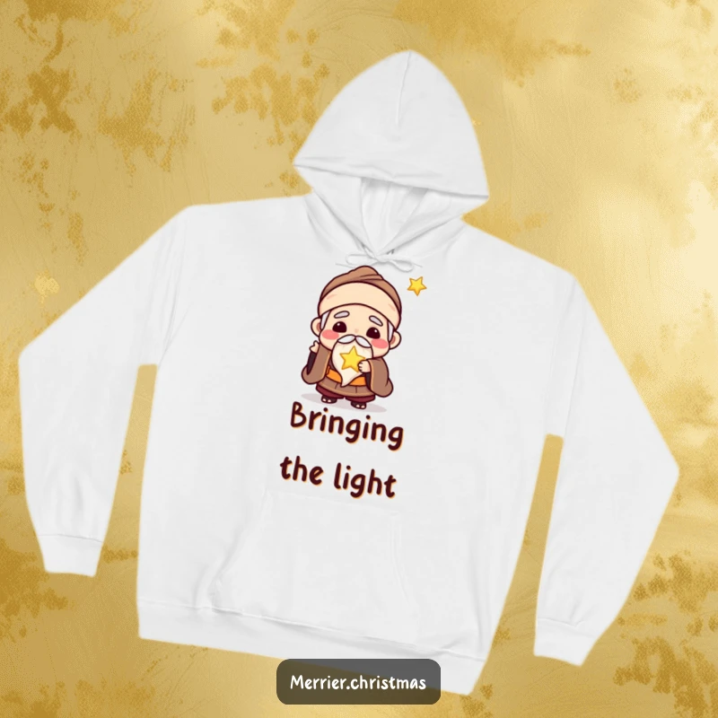 Funny hoodie with a kawaii wise man character joyfully offering a tiny, glowing star, radiating warmth and knowledge.