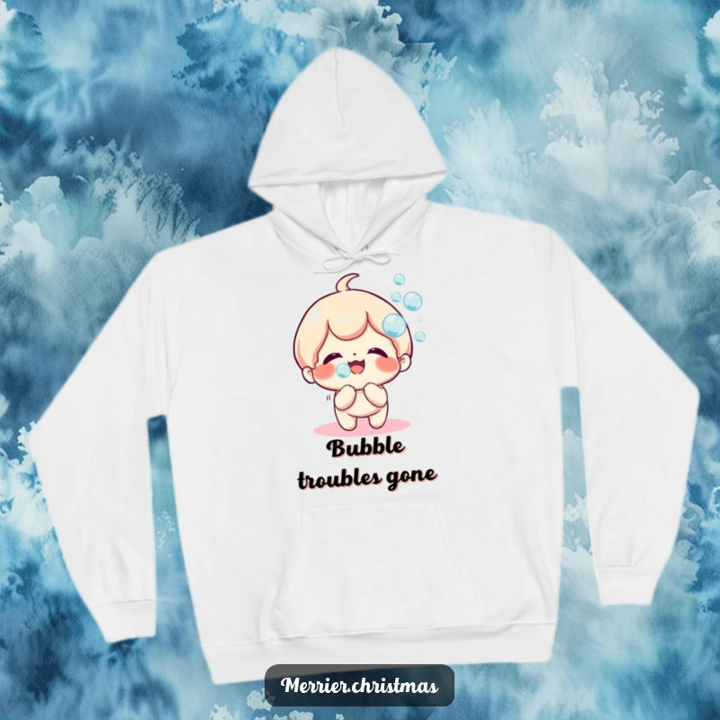 Funny Hoodie featuring a cute kawaii character joyfully blowing a cascade of shimmering, sparkly bubbles, bringing a whimsical feel.