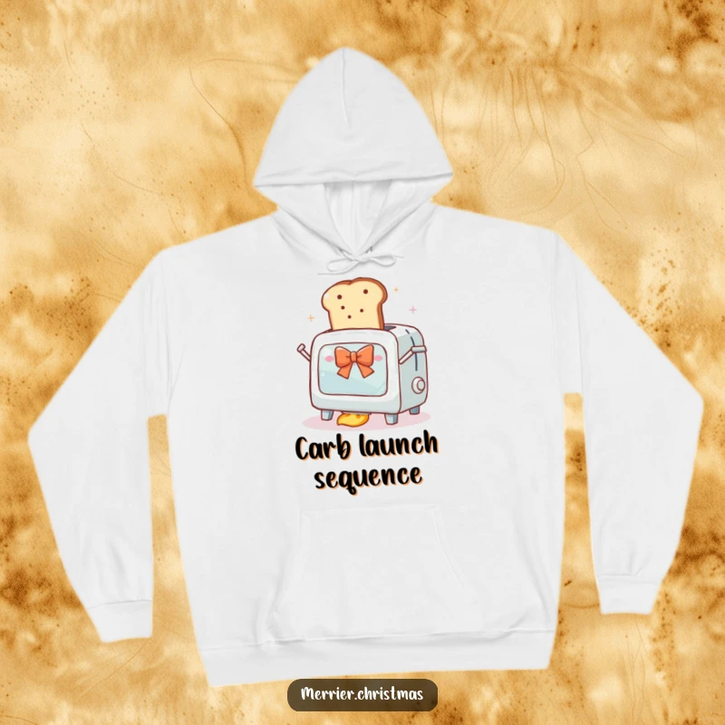 Funny hoodie featuring a sentient, overly enthusiastic toaster oven attempting to launch a slice of bread with a festive bow into orbit.