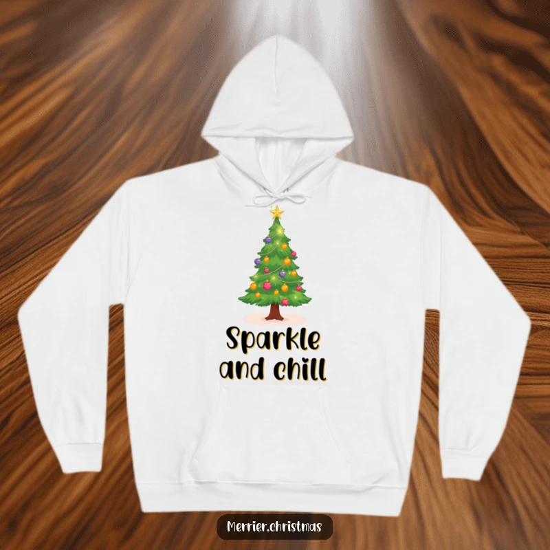 Funny cozy Christmas tree hoodie with twinkling ornaments, radiating warmth and holiday spirit, a perfect funny gift.