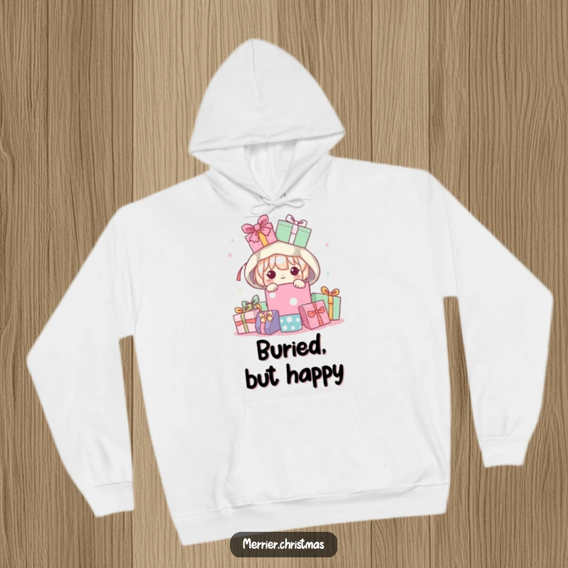 Funny Hoodie showcasing a delightful kawaii character peeking out from a large stack of colorful, unwrapped presents, radiating excitement.
