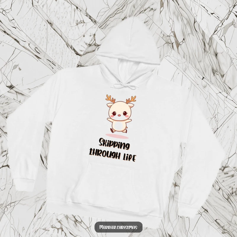 Funny Hoodie featuring a cute kawaii character wearing reindeer antlers and happily skipping, perfect for cozy holiday celebrations.
