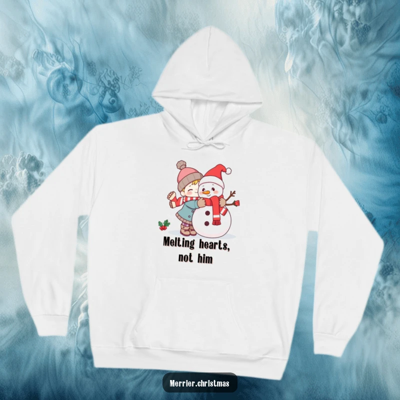 Funny kawaii character embracing a cheerful snowman in a big hug, featured on a warm hoodie for winter.
