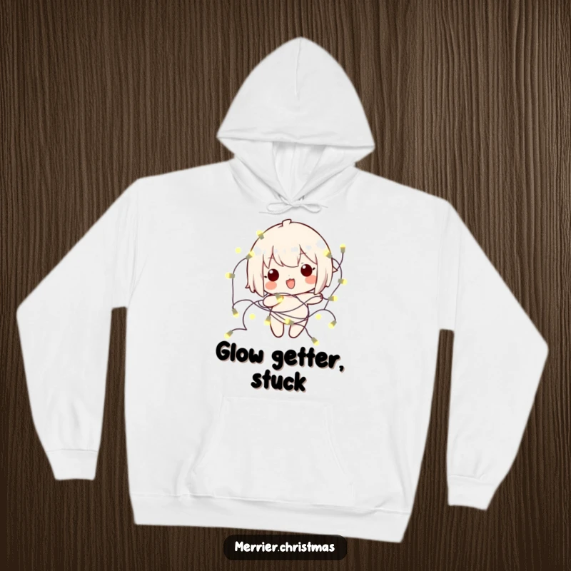 Funny kawaii character adorably stuck in glowing holiday lights, designed for a cozy and humorous hoodie.