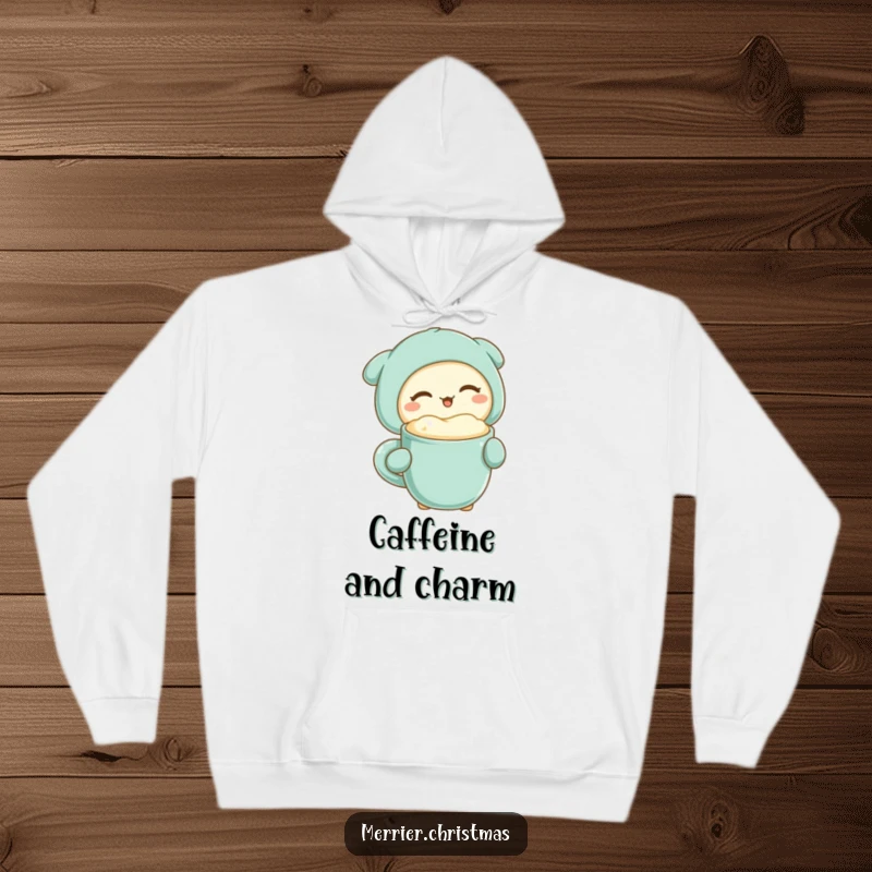 Funny kawaii character winking with a mug of warm, frothy drink, designed for ultimate cozy and humorous relaxation on a hoodie.