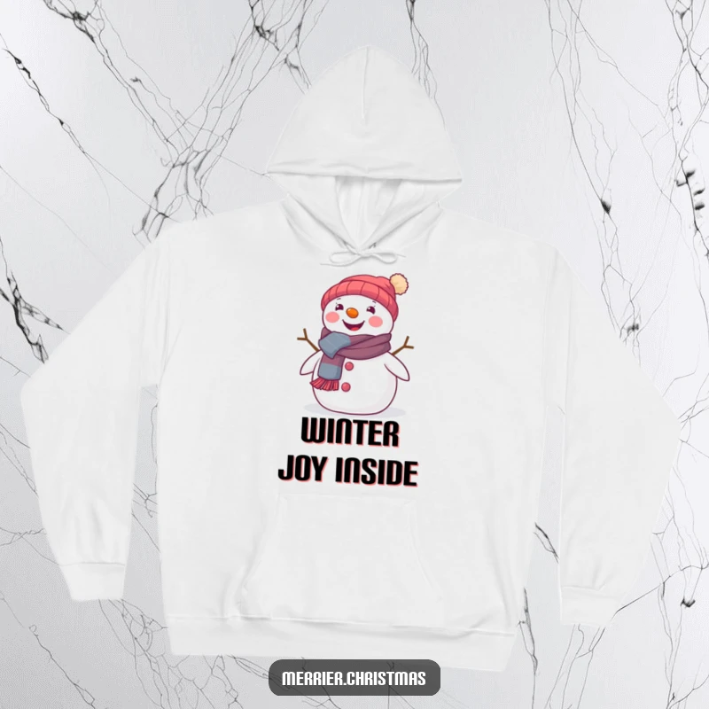 Funny hoodie featuring a cute snowman in a festive scarf, beaming with warmth and winter delight.