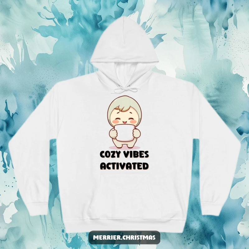 Funny Warm Smile Hoodie depicting a character holding a steaming mug and smiling warmly, perfect for cozy and comforting moments.