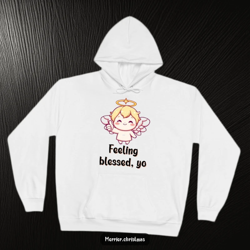 Funny hoodie with a kawaii angel character, sparkling halo, and a cheerful thumbs up, radiating warmth and positivity.