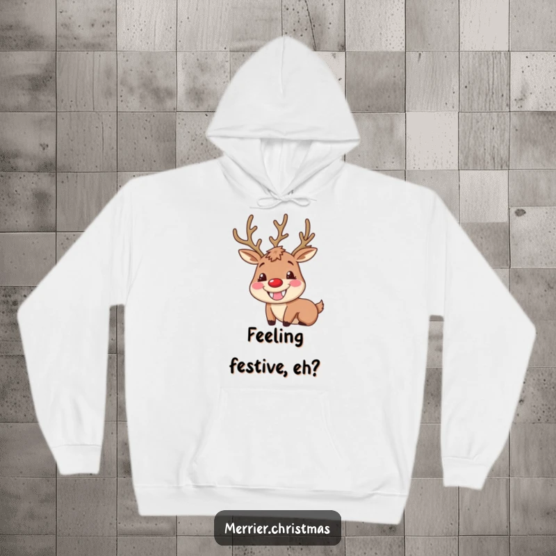 Funny Reindeer Hoodie showcasing a character with a huge, goofy grin and rosy cheeks, offering warmth and holiday-themed humor.
