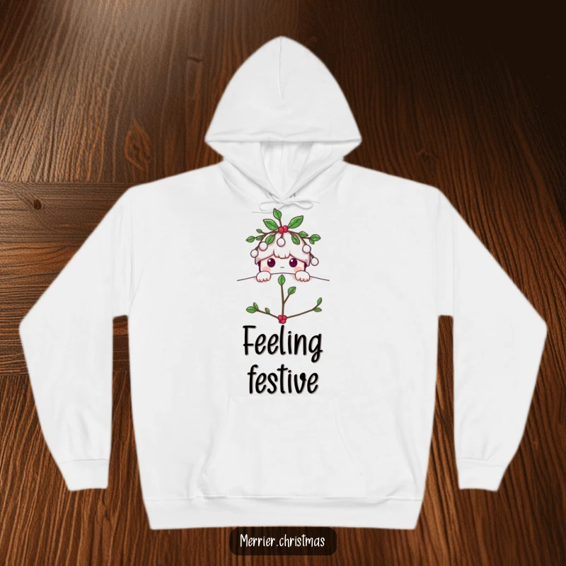 Funny Mistletoe hoodie, a jolly character playfully peeking from above, ready for Christmas celebrations and cozy vibes.