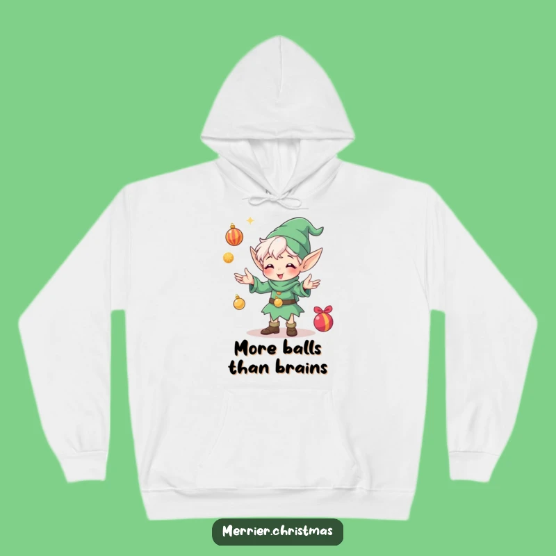Funny Elf Juggling Ornaments Hoodie: Cozy Christmas Apparel and Hilarious Gag Gift
