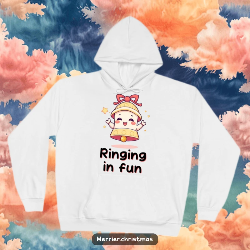 Funny Bell Hoodie depicting a ringing bell character overflowing with delight, perfect for cozy and festive occasions.