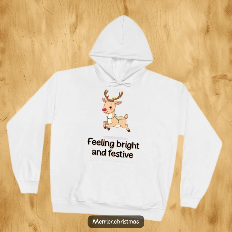 Funny hoodie depicting a reindeer prancing merrily, its antlers twinkling with festive Christmas lights, radiating holiday joy and warmth.