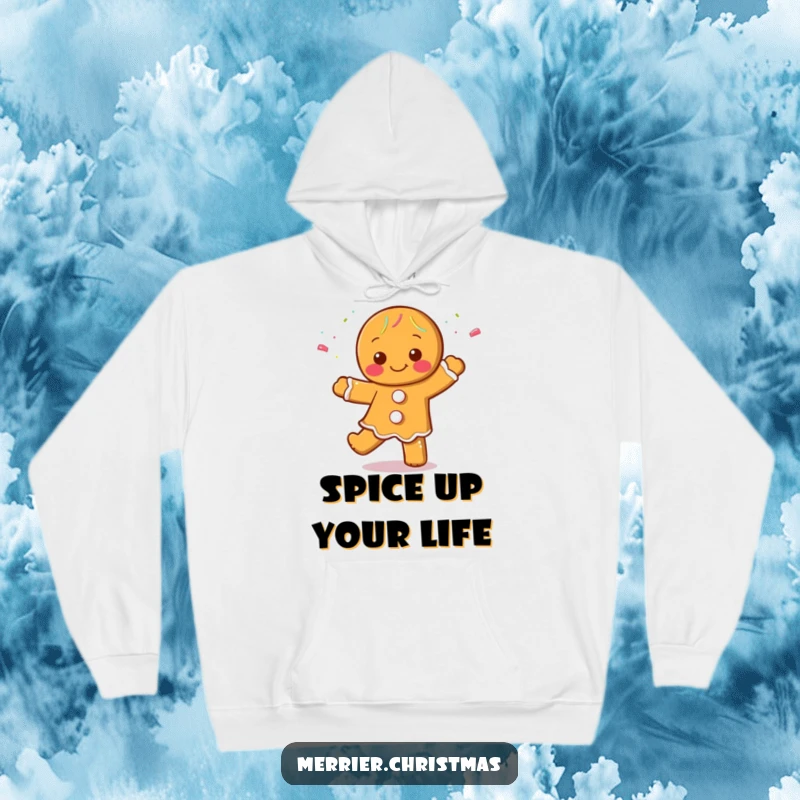 Funny Gingerbread Man Hoodie showcasing a character dancing merrily, covered in sprinkles, offering cozy and festive holiday cheer.