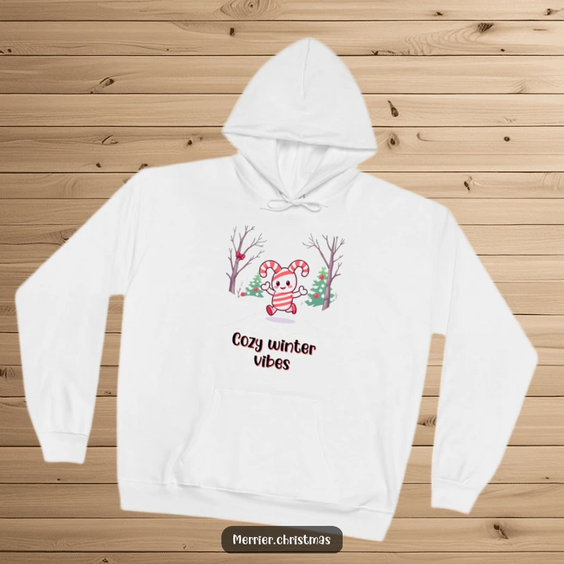 Funny hoodie with a kawaii candy cane character happily trotting down a snowy path, perfect for cozy winter days and festive cheer.
