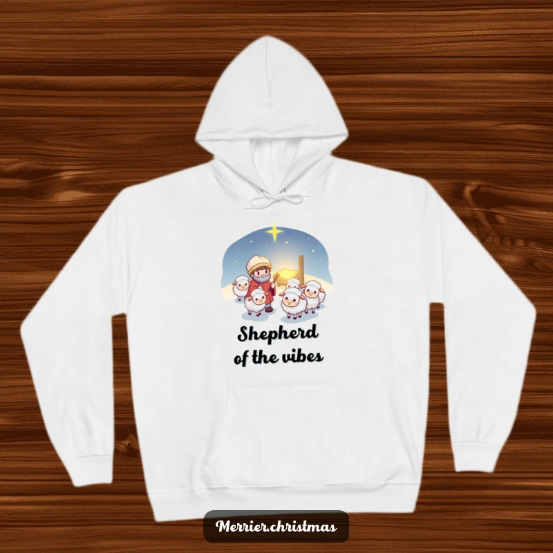 Funny Kawaii Shepherd Hoodie: Charming cartoon shepherd guiding fluffy sheep, embracing warmth and holiday spirit in a super soft hoodie.