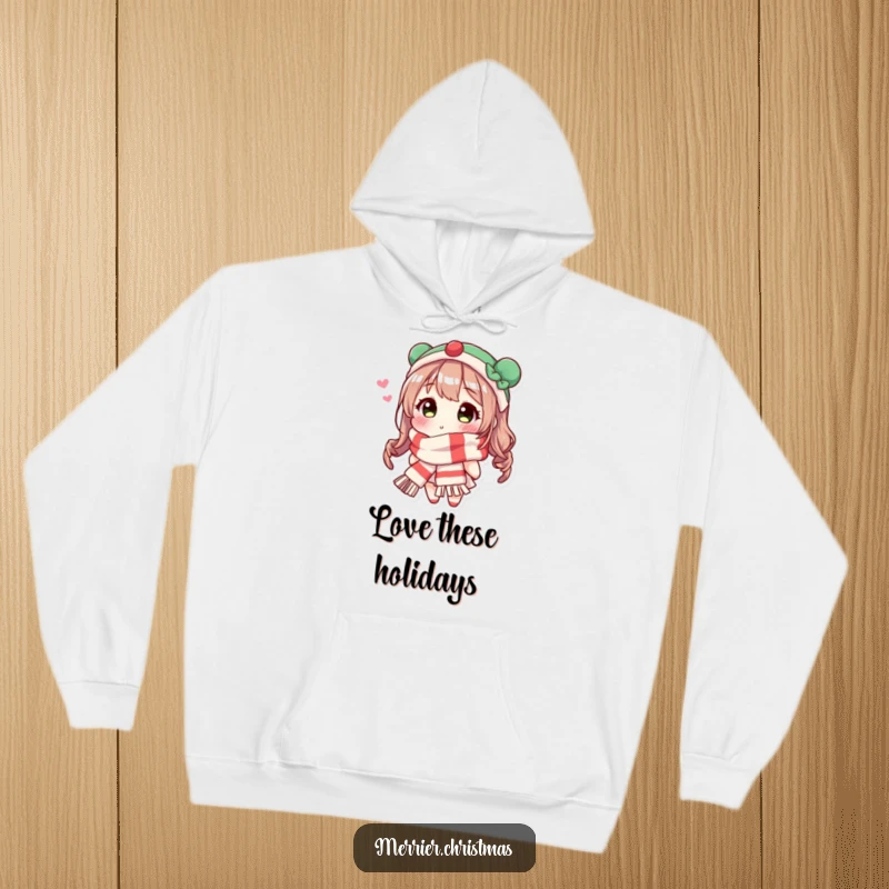 Funny Festive Scarf Kiss Hoodie showing a character in a warm scarf, sending a loving kiss, ideal for cozy holiday moments.
