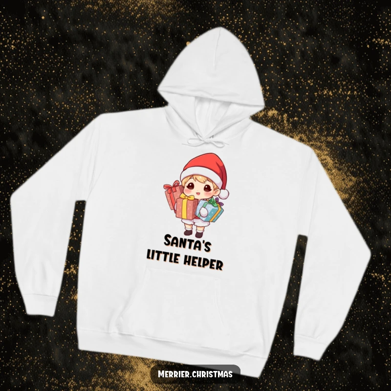 Funny hoodie showcasing a character in a Santa hat, holding multiple brightly wrapped gifts, ideal for staying warm and festive.