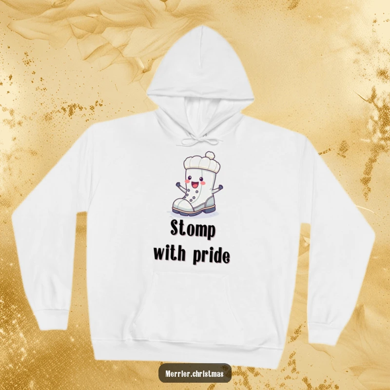 Funny winter boot character shown stomping happily, featured on a warm and cozy hoodie for winter wear.