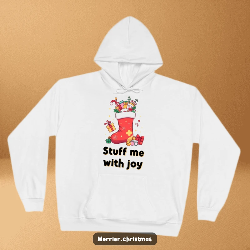 Funny Christmas stocking character brimming with playful gifts and treats, depicted on a cozy holiday hoodie.