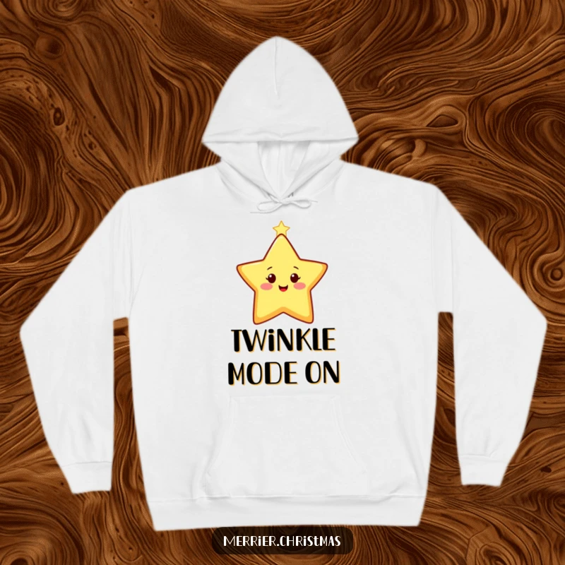 Funny Hoodie featuring a happy, stylized Christmas star character twinkling brightly, ideal for warm and festive wear.