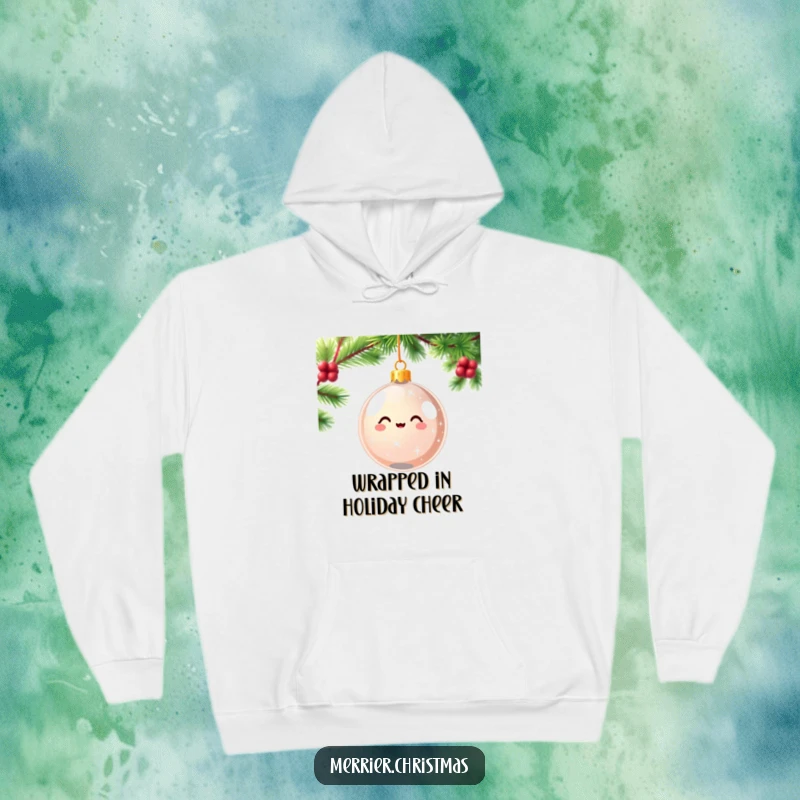 Funny kawaii Christmas ornament hoodie sparkling and spinning with pure delight, perfect for cozy, festive, and humorous wear.