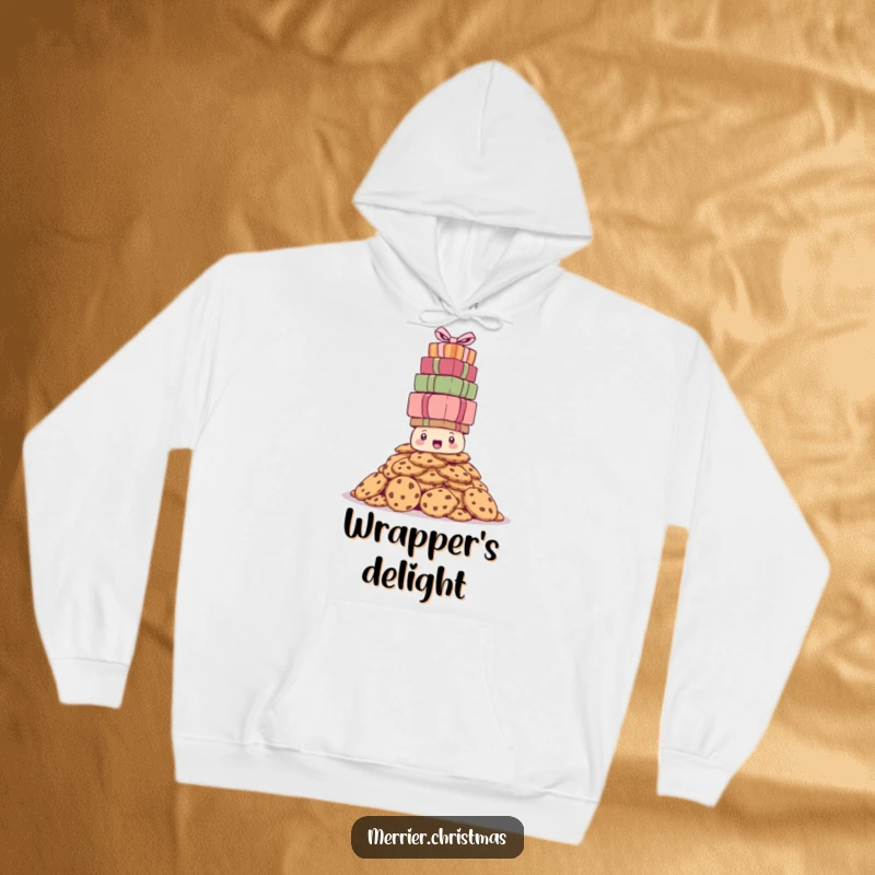 Funny hoodie featuring a bewildered pile of cookies attempting to balance a towering stack of presents overhead, looking stressed.