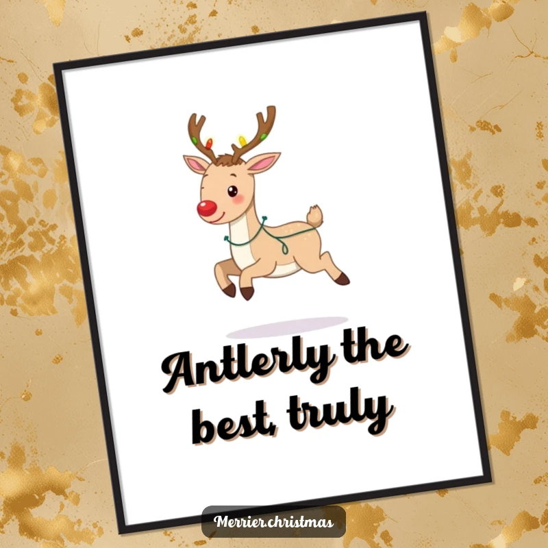 Funny Free Printable Wall Art: A reindeer with antlers covered in fairy lights prances with exuberance.
