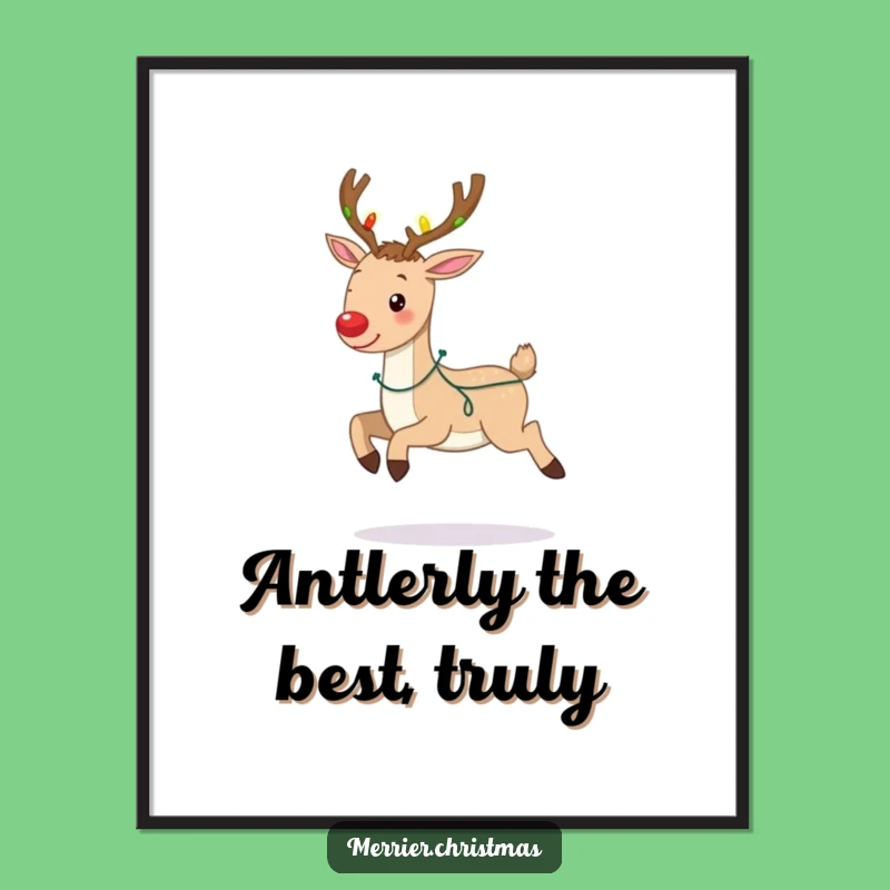 Free Printable Wall Art: Funny Prancing Reindeer with Light Adorned Antlers