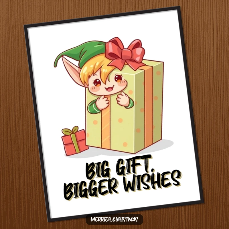 Funny Free Printable Wall Art: An elf humorously tackles wrapping a gift that seems impossibly large.