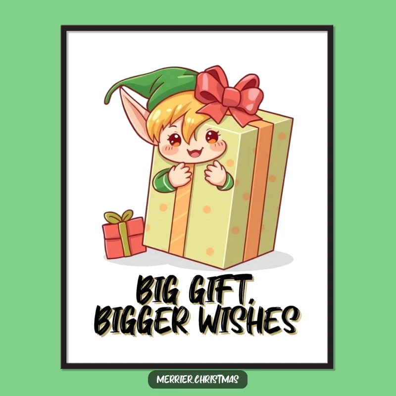 Free Printable Wall Art: Funny Elf Enthusiastically Wrapping a Giant Gift