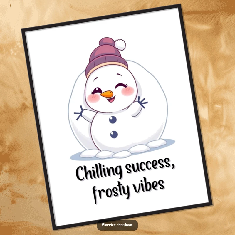 Funny Free Printable Wall Art: Cute snowman peeking from behind a giant snowball and winking playfully.