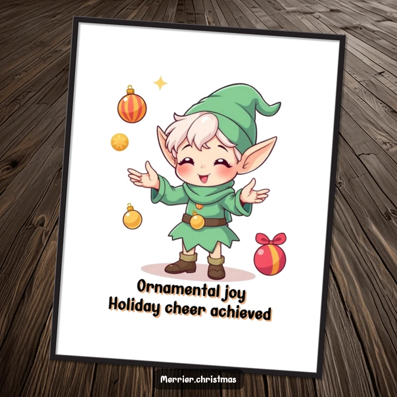 Funny Free Printable Wall Art: An elf character caught mid-juggle, enthusiastically tossing shiny ornaments with pure delight.
