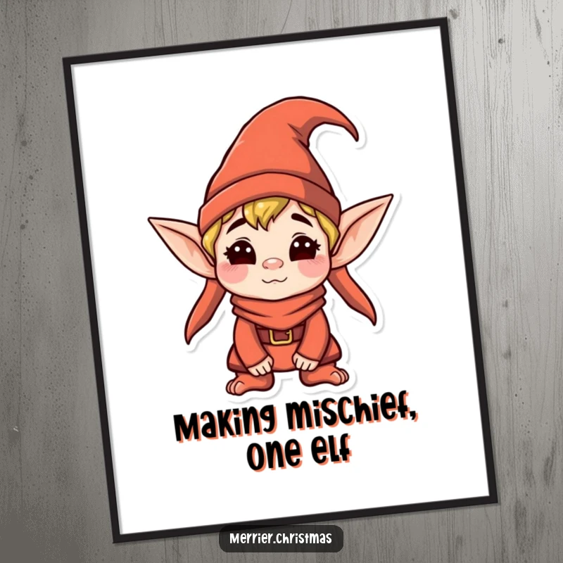 Funny Free Printable Wall Art of a kawaii elf with a pointy hat, making a wonderfully silly face, adding whimsy to your decor.