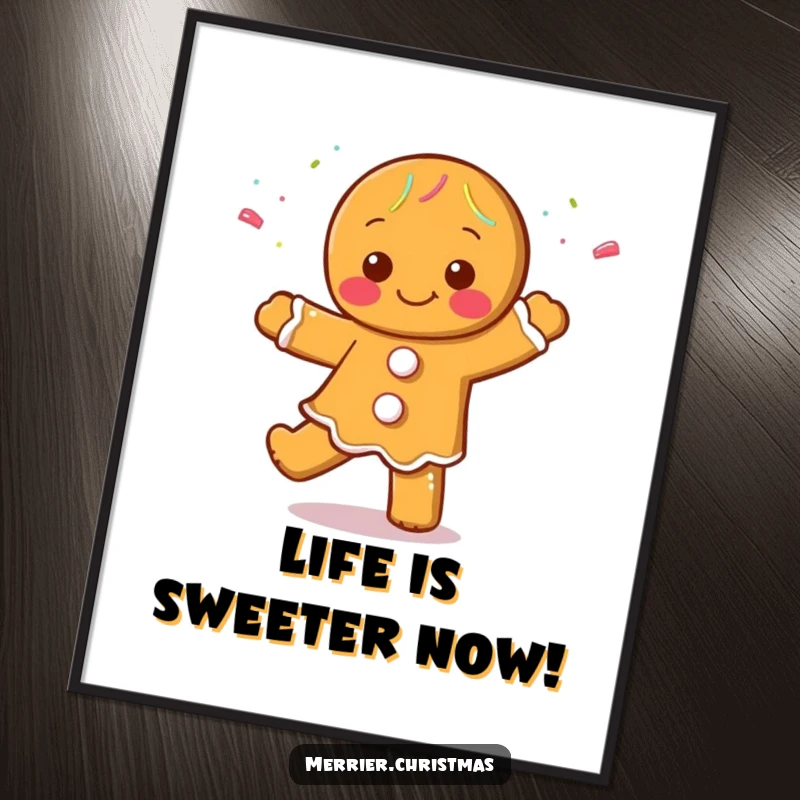 Funny free printable wall art of a gingerbread character in a joyful dance pose, surrounded by a cascade of colorful sprinkles.