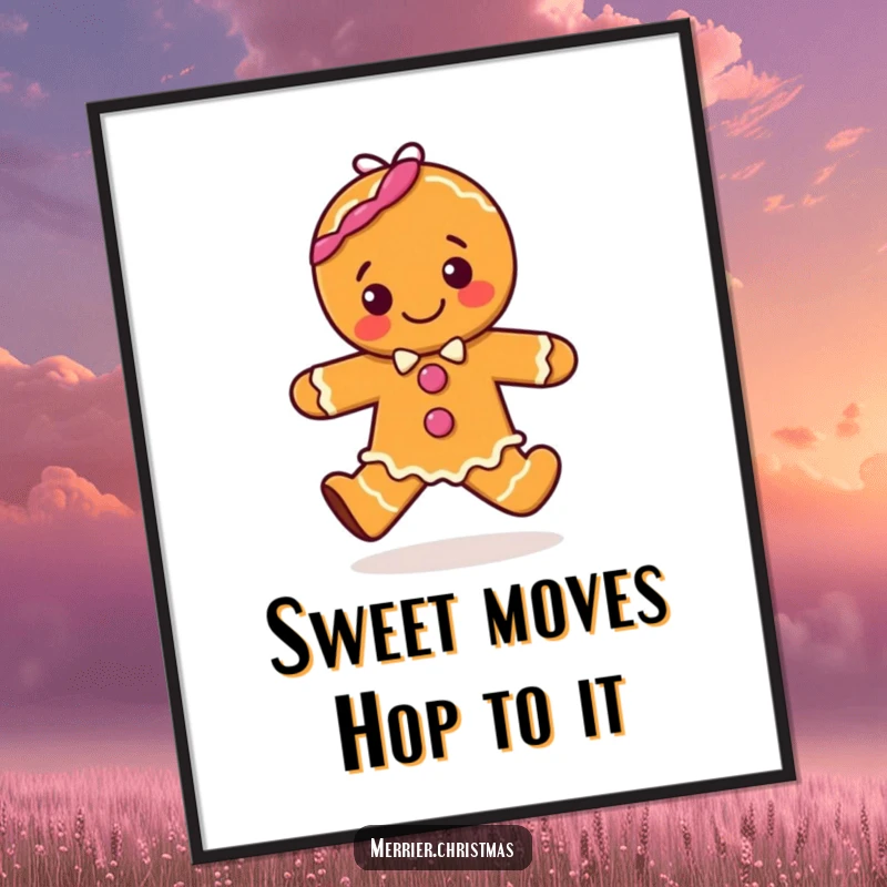 Funny Free Printable Wall Art: A cute gingerbread character captured mid-hop, exuding pure joy and sugary delight.