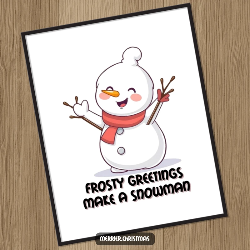 Funny Free Printable Wall Art: A cheerful snowman character merrily waving with a twig arm, embodying winter's simple joy.